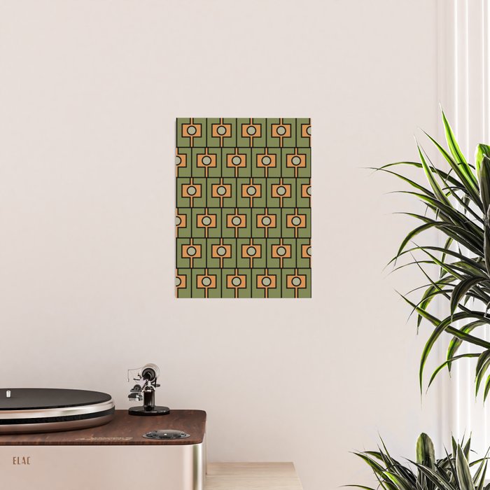 Mid Century Modern Rektangel Geometric Pattern in Vintage Green and Cantaloupe Orange Poster Gallery Image 2