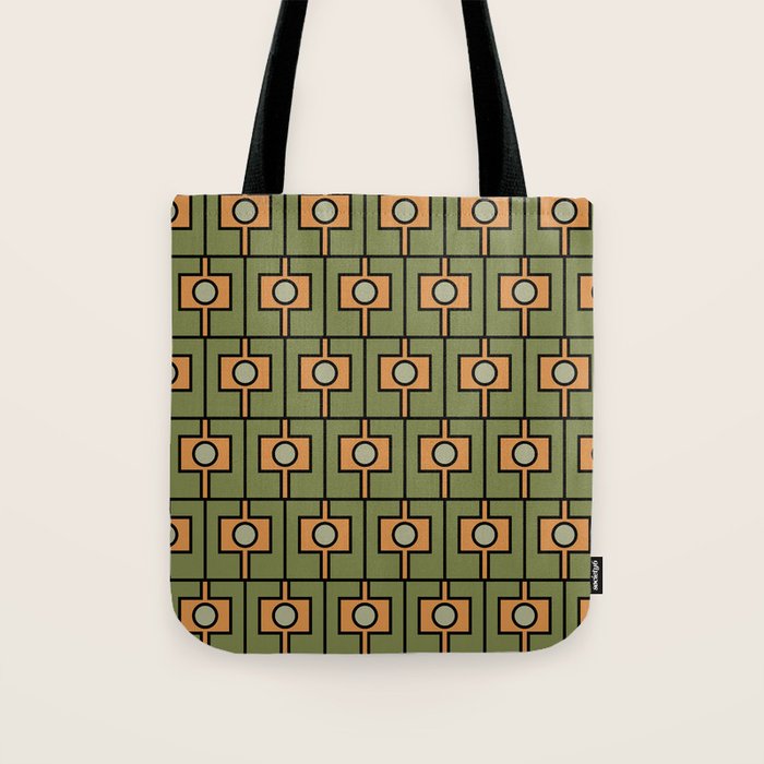 Mid Century Modern Rektangel Geometric Pattern in Vintage Green and Cantaloupe Orange Tote Bag Gallery Image 1