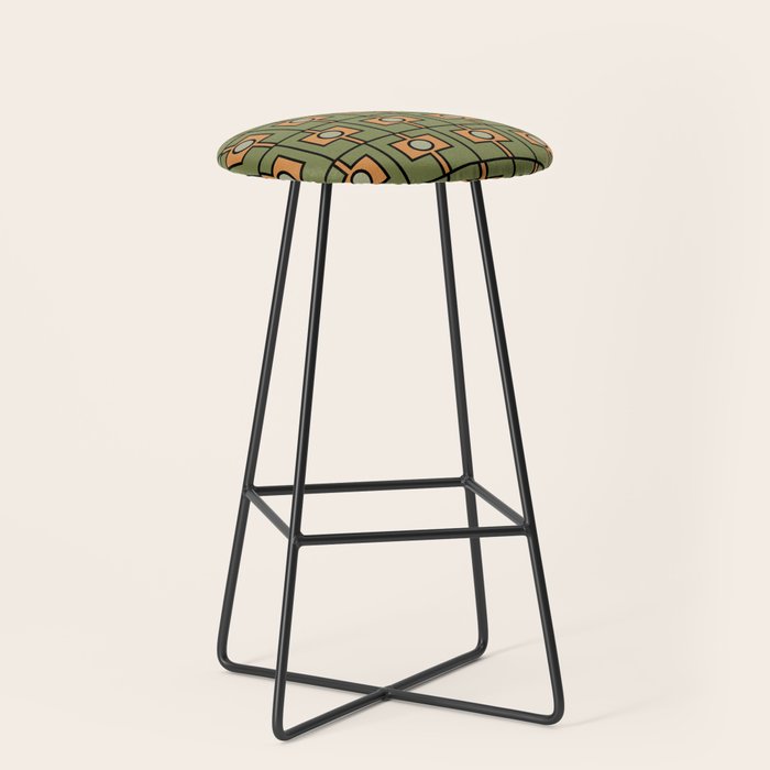 Mid Century Modern Rektangel Geometric Pattern in Vintage Green and Cantaloupe Orange Stool Gallery Image 1