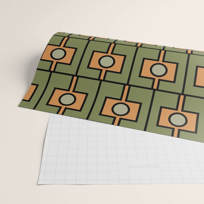 Mid Century Modern Rektangel Geometric Pattern in Vintage Green and Cantaloupe Orange Wrapping Paper Gallery Image 2