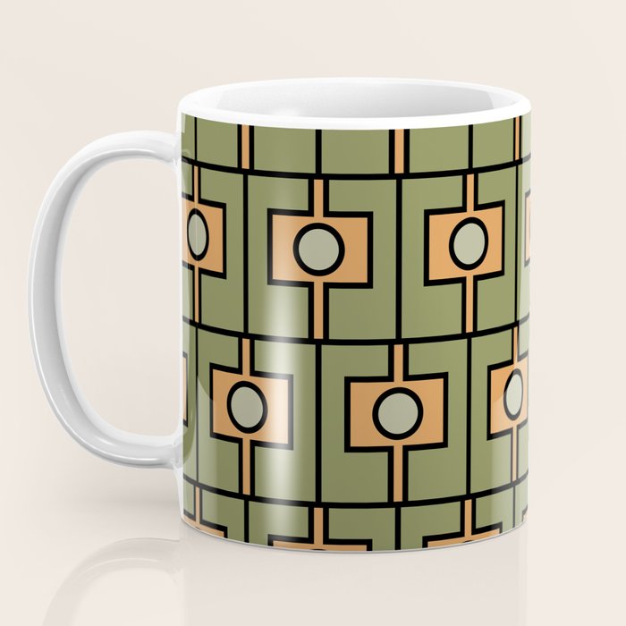 Mid Century Modern Rektangel Geometric Pattern in Vintage Green and Cantaloupe Orange Coffee Mug Gallery Image 3