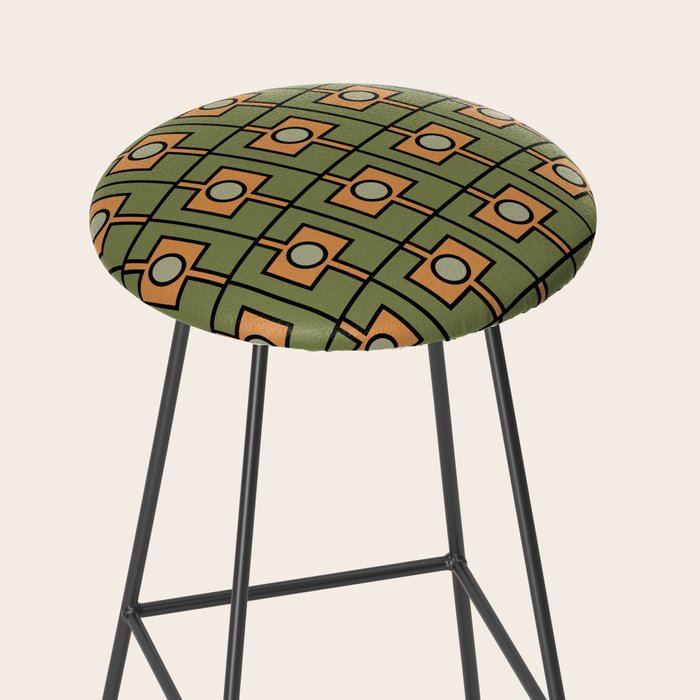 Mid Century Modern Rektangel Geometric Pattern in Vintage Green and Cantaloupe Orange Stool Gallery Image 2