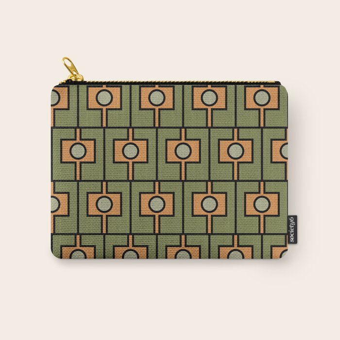 Mid Century Modern Rektangel Geometric Pattern in Vintage Green and Cantaloupe Orange Carry All Pouch Gallery Image 1