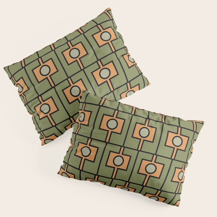 Mid Century Modern Rektangel Geometric Pattern in Vintage Green and Cantaloupe Orange Pillow Sham Gallery Image 3