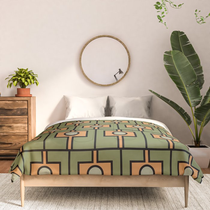 Mid Century Modern Rektangel Geometric Pattern in Vintage Green and Cantaloupe Orange Comforter Gallery Image 3