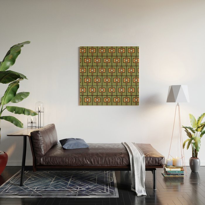 Mid Century Modern Rektangel Geometric Pattern in Vintage Green and Cantaloupe Orange Wood Wall Art Gallery Image 2