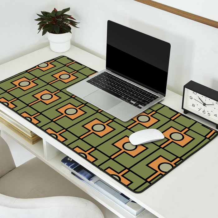 Mid Century Modern Rektangel Geometric Pattern in Vintage Green and Cantaloupe Orange Desk Mat Gallery Image 2