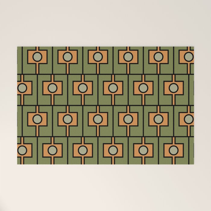 Mid Century Modern Rektangel Geometric Pattern in Vintage Green and Cantaloupe Orange Welcome Mat Gallery Image 1
