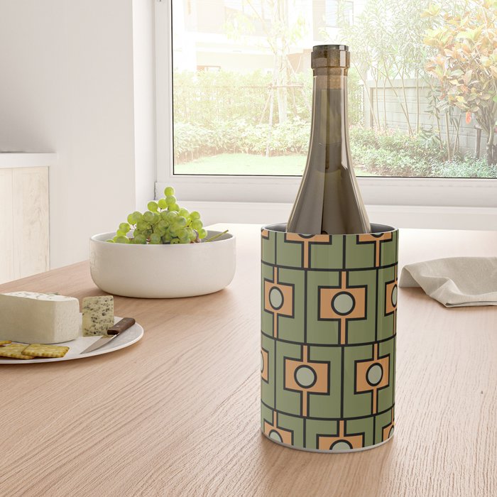 Mid Century Modern Rektangel Geometric Pattern in Vintage Green and Cantaloupe Orange Wine Chiller Gallery Image 4