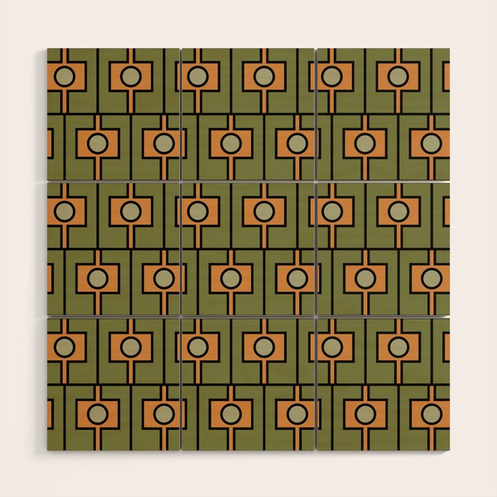 Mid Century Modern Rektangel Geometric Pattern in Vintage Green and Cantaloupe Orange Wood Wall Art Gallery Image 1