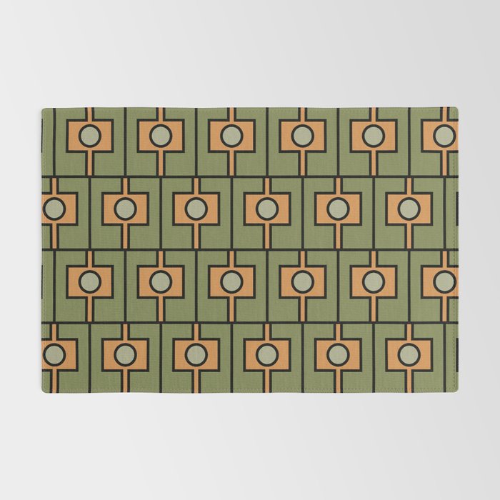 Mid Century Modern Rektangel Geometric Pattern in Vintage Green and Cantaloupe Orange Rug Gallery Image 2