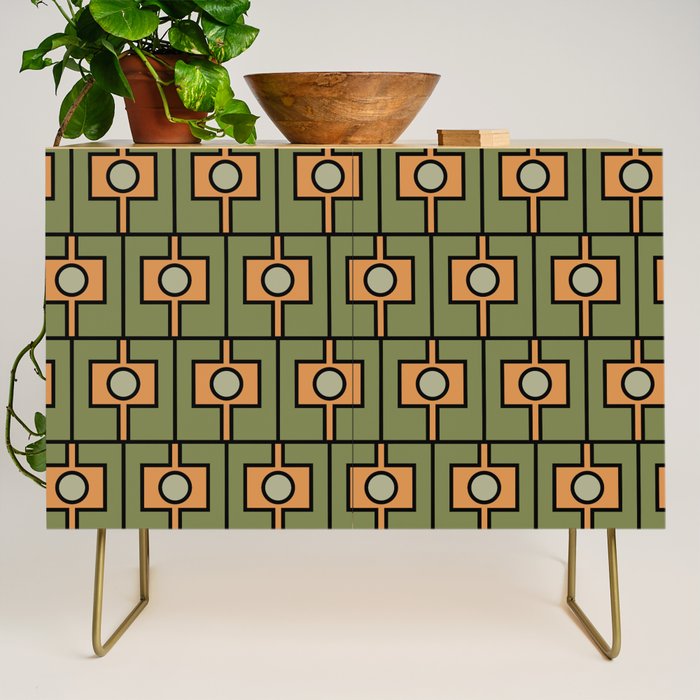 Mid Century Modern Rektangel Geometric Pattern in Vintage Green and Cantaloupe Orange Credenza Gallery Image 1