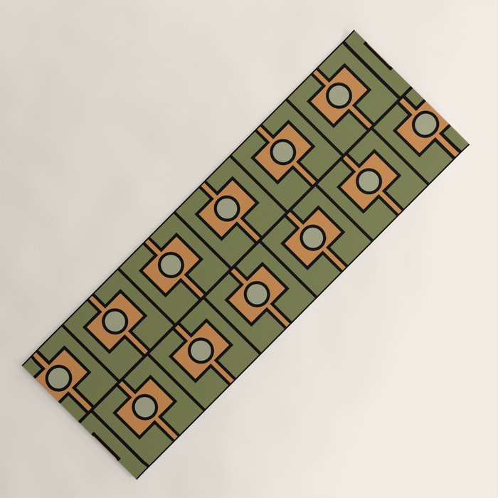 Mid Century Modern Rektangel Geometric Pattern in Vintage Green and Cantaloupe Orange Yoga Mat Gallery Image 1