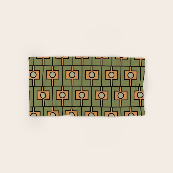 Mid Century Modern Rektangel Geometric Pattern in Vintage Green and Cantaloupe Orange Bath Towel Gallery Image 1