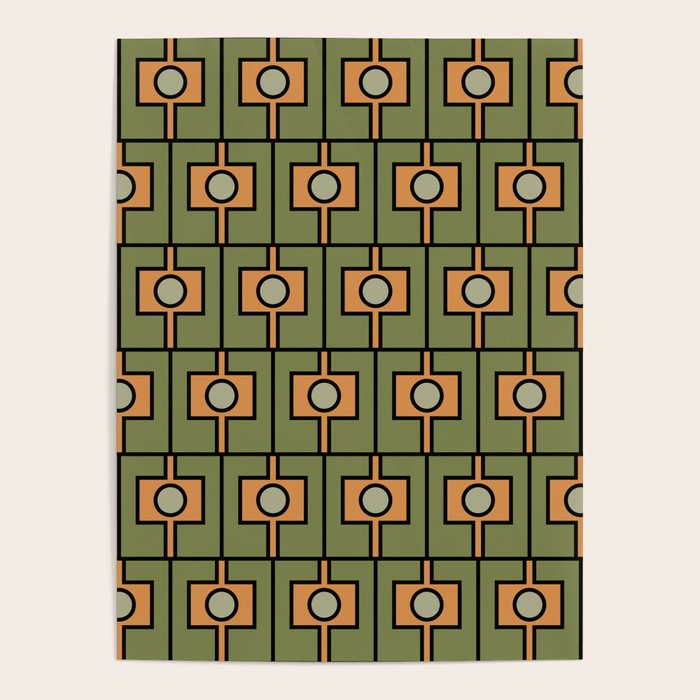 Mid Century Modern Rektangel Geometric Pattern in Vintage Green and Cantaloupe Orange Poster Gallery Image 1