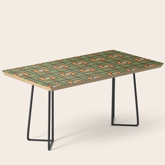 Mid Century Modern Rektangel Geometric Pattern in Vintage Green and Cantaloupe Orange Coffee Table Gallery Image 1