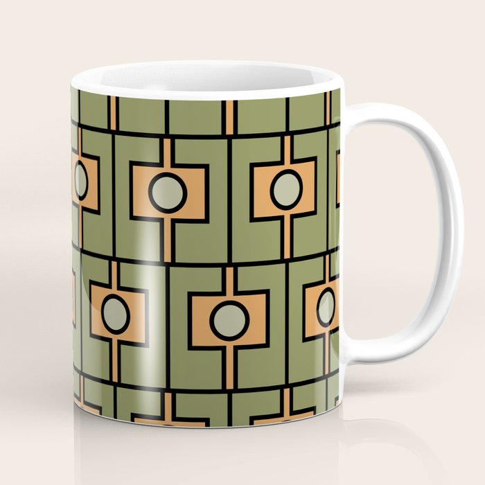 Mid Century Modern Rektangel Geometric Pattern in Vintage Green and Cantaloupe Orange Coffee Mug Gallery Image 1