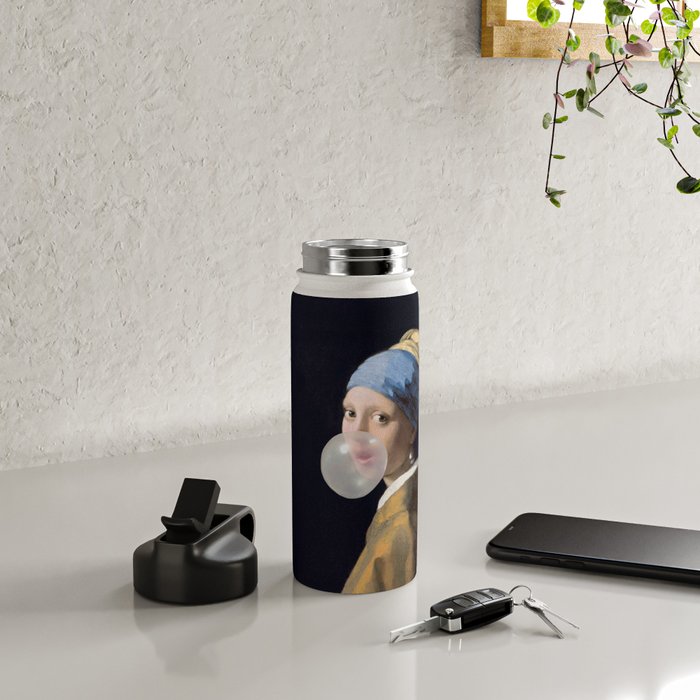 Girl with pearl earring blowing bubble gum Water Bottle Gallery Image 4