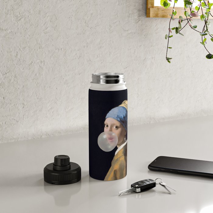 Girl with pearl earring blowing bubble gum Water Bottle Gallery Image 4