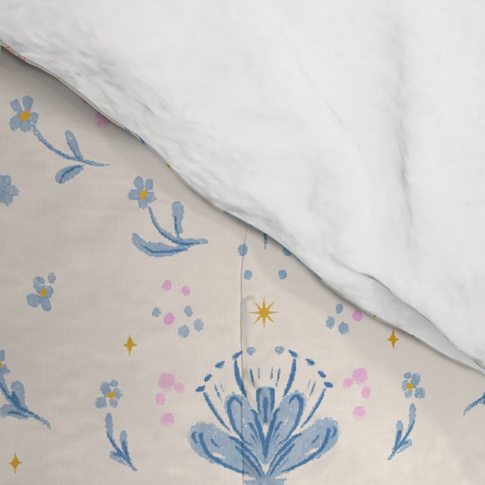 Vintage Floral Harmony Pattern  Charming Blue  Pink Blossom Design Comforter Gallery Image 4