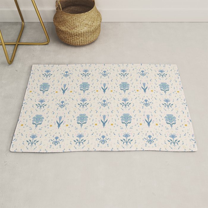 Vintage Floral Harmony Pattern  Charming Blue  Pink Blossom Design Rug Gallery Image 1