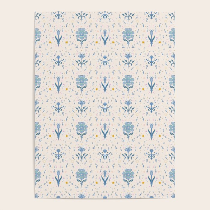Vintage Floral Harmony Pattern  Charming Blue  Pink Blossom Design Poster Gallery Image 4