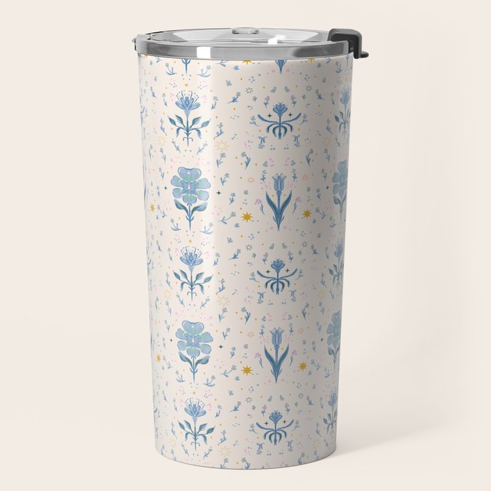 Vintage Floral Harmony Pattern  Charming Blue  Pink Blossom Design Travel Mug Gallery Image 2