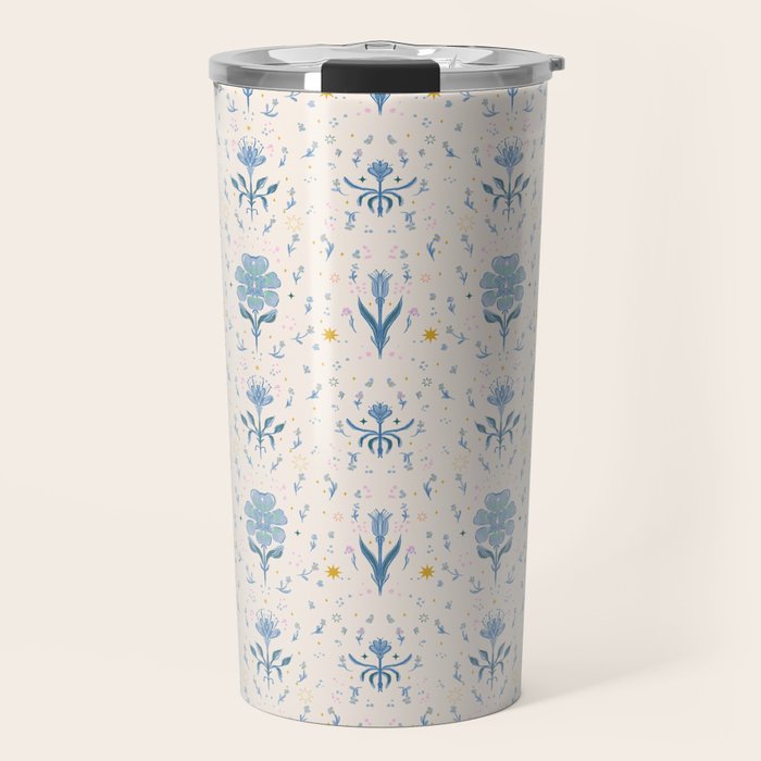 Vintage Floral Harmony Pattern  Charming Blue  Pink Blossom Design Travel Mug Gallery Image 1