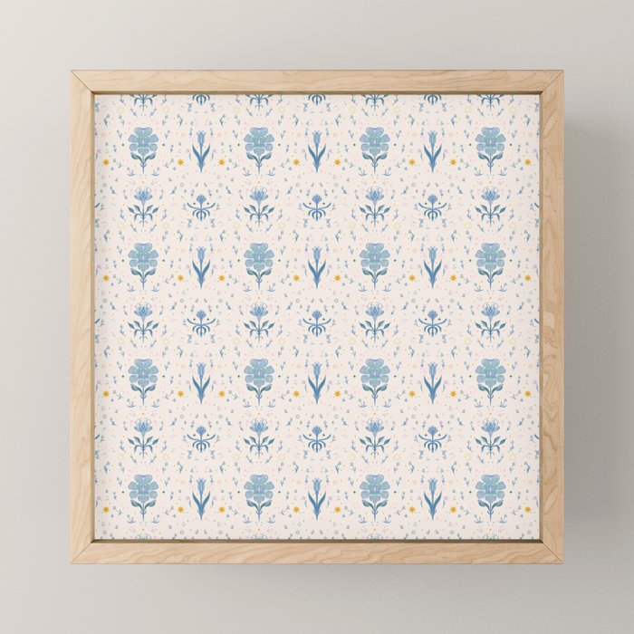 Vintage Floral Harmony Pattern  Charming Blue  Pink Blossom Design Mini Art Print Gallery Image 1