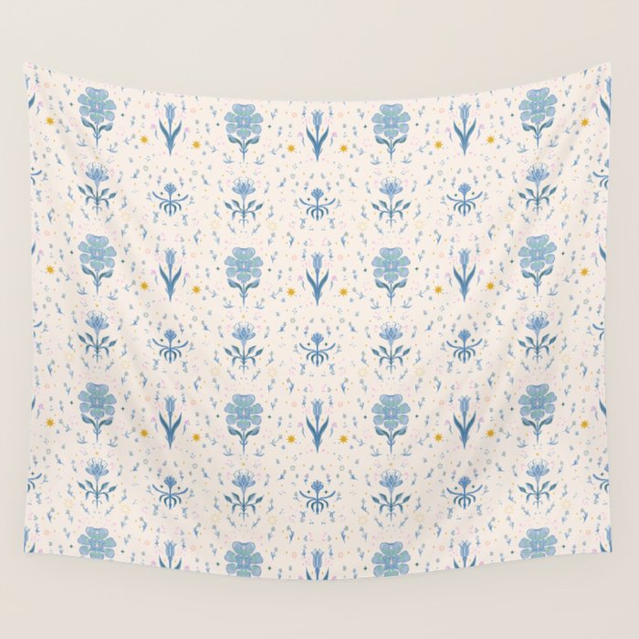 Vintage Floral Harmony Pattern  Charming Blue  Pink Blossom Design Wall Tapestry Gallery Image 4