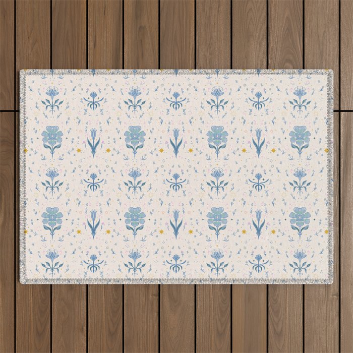 Vintage Floral Harmony Pattern  Charming Blue  Pink Blossom Design Outdoor Rug Gallery Image 1