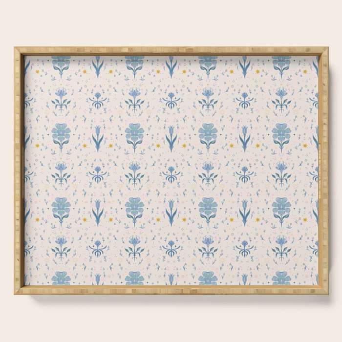 Vintage Floral Harmony Pattern  Charming Blue  Pink Blossom Design Serving Tray Gallery Image 1