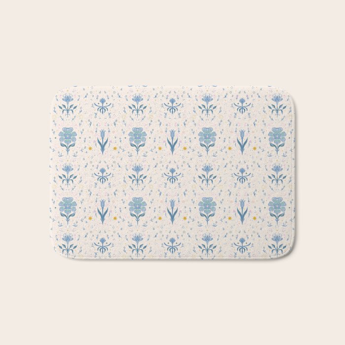 Vintage Floral Harmony Pattern  Charming Blue  Pink Blossom Design Bath Mat Gallery Image 1