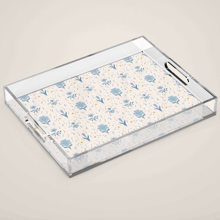 Vintage Floral Harmony Pattern  Charming Blue  Pink Blossom Design Acrylic Tray Gallery Image 1