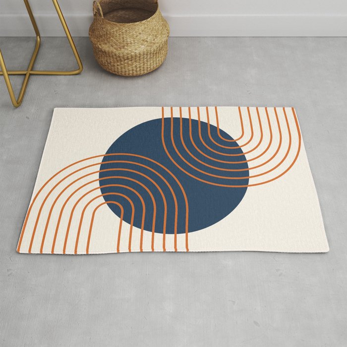 Mid Century Modern Geometric 162 Sun Rainbow abstract in Navy Blue Orange Rug Gallery Image 1