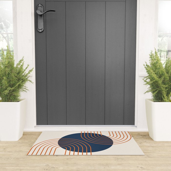 Mid Century Modern Geometric 162 Sun Rainbow abstract in Navy Blue Orange Welcome Mat Gallery Image 3