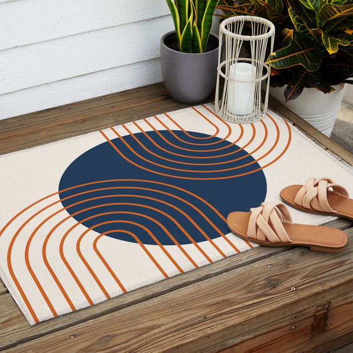 Mid Century Modern Geometric 162 Sun Rainbow abstract in Navy Blue Orange Outdoor Rug Gallery Image 2