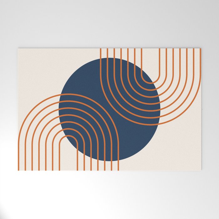 Mid Century Modern Geometric 162 Sun Rainbow abstract in Navy Blue Orange Welcome Mat Gallery Image 1