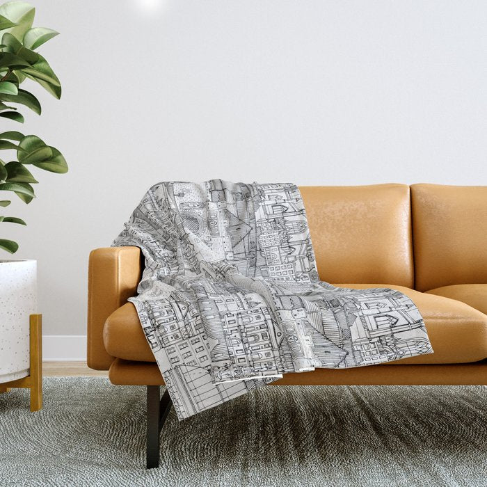 Edinburgh toile black white Throw Blanket Gallery Image 1