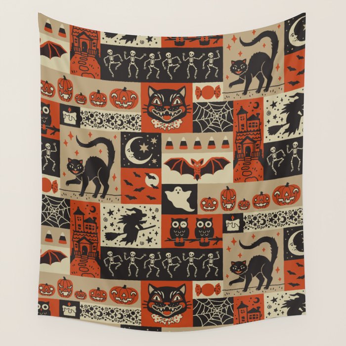 Vintage Halloween Patchwork Wall Tapestry Gallery Image 1