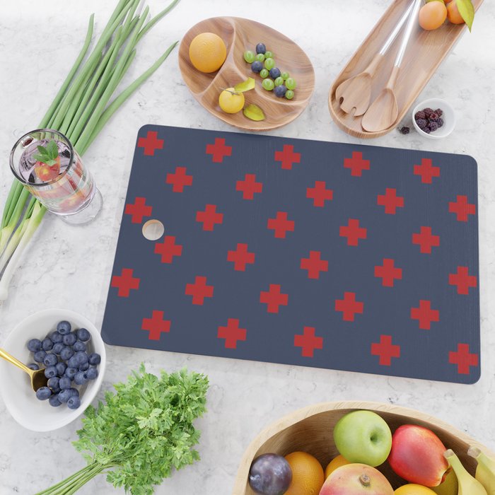 Red Swiss Cross Pattern on Navy Blue background Cutting Board Gallery Image 2