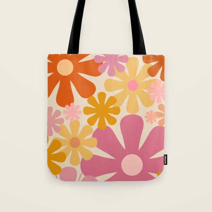 Retro 60s 70s Flowers Thulian Pink Orange Cream Pattern Tote Bag Gallery Image 1