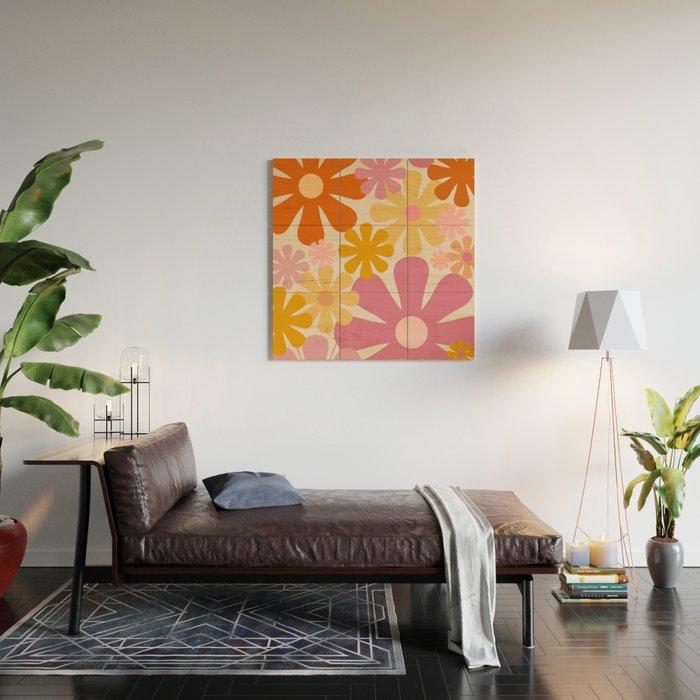 Retro 60s 70s Flowers Thulian Pink Orange Cream Pattern Wood Wall Art Gallery Image 2