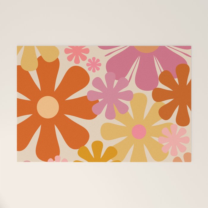 Retro 60s 70s Flowers Thulian Pink Orange Cream Pattern Welcome Mat Gallery Image 1