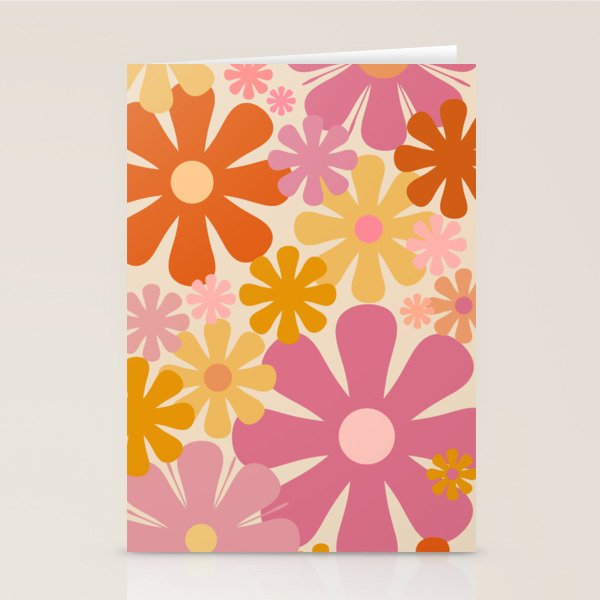 Retro 60s 70s Flowers Thulian Pink Orange Cream Pattern Stationery Card Gallery Image 1