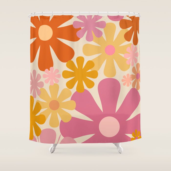 Retro 60s 70s Flowers Thulian Pink Orange Cream Pattern Shower Curtain Gallery Image 1