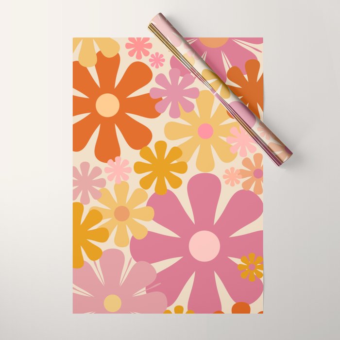 Retro 60s 70s Flowers Thulian Pink Orange Cream Pattern Wrapping Paper Gallery Image 1