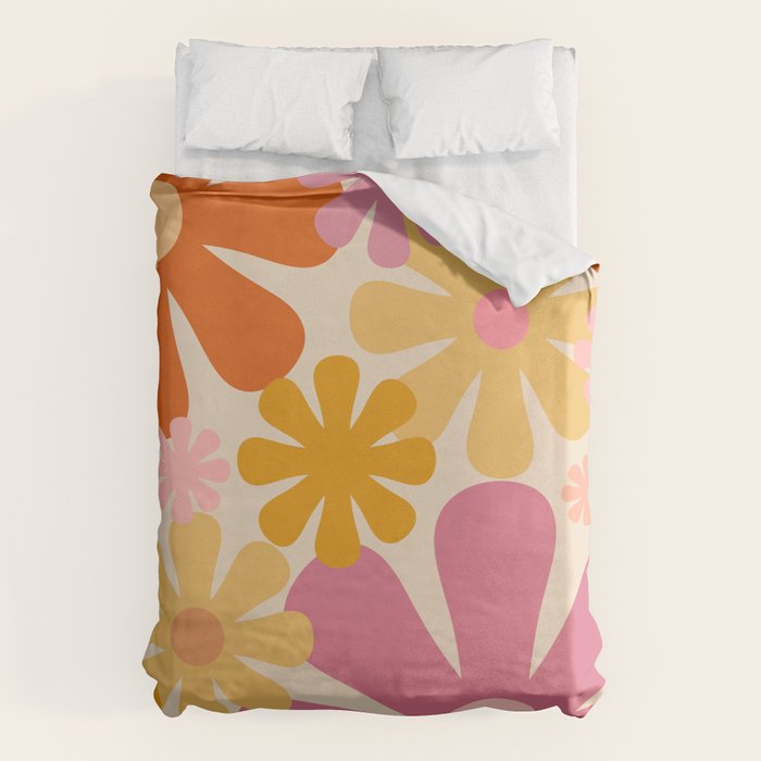 Retro 60s 70s Flowers Thulian Pink Orange Cream Pattern Duvet Cover Gallery Image 6