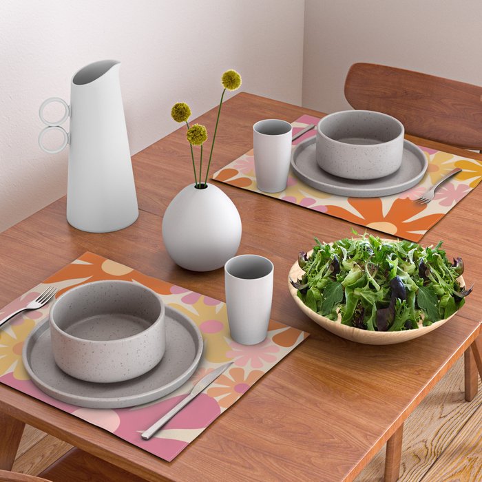 Retro 60s 70s Flowers Thulian Pink Orange Cream Pattern Placemat Gallery Image 2