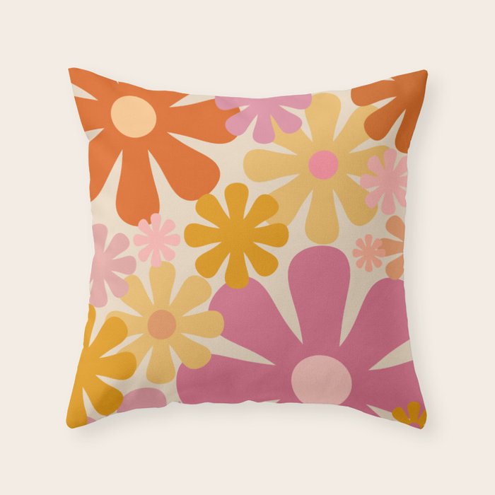 Retro 60s 70s Flowers Thulian Pink Orange Cream Pattern Throw Pillow Gallery Image 6